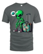 Funny Traveling Alien With Suitcase Graphic T Shirt Space Humor - gray t-shirt on white background