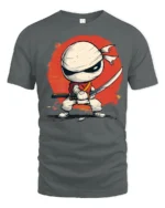 Cartoon Ninja Fighter Graphic T Shirt Cute Warrior Style Design - gray t-shirt on white background