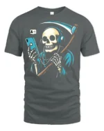 Funny Grim Reaper Phone Addict Graphic T Shirt Dark Humor Style - gray t-shirt on white background