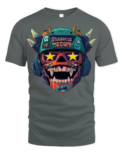 Crazy Monster Skull Headphones Graphic T Shirt Street Art Style - gray t-shirt on white background