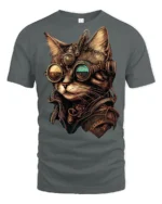 Steampunk Cat With Goggles Graphic T Shirt Vintage Sci Fi Style - gray t-shirt on white background