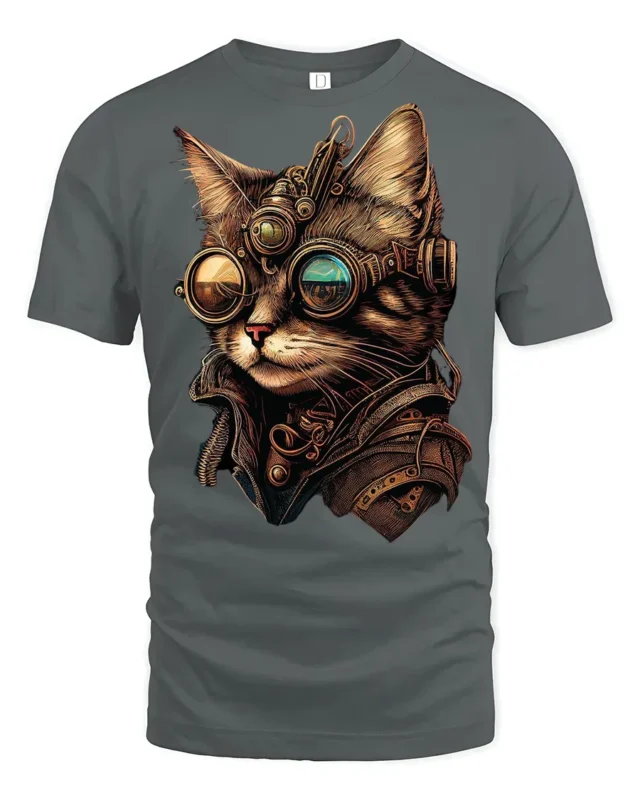 Steampunk Cat With Goggles Graphic T Shirt Vintage Sci Fi Style - gray t-shirt on white background