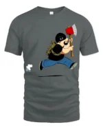 Funny Lumberjack Running With Axe Graphic T Shirt Cartoon Style - gray t-shirt on white background