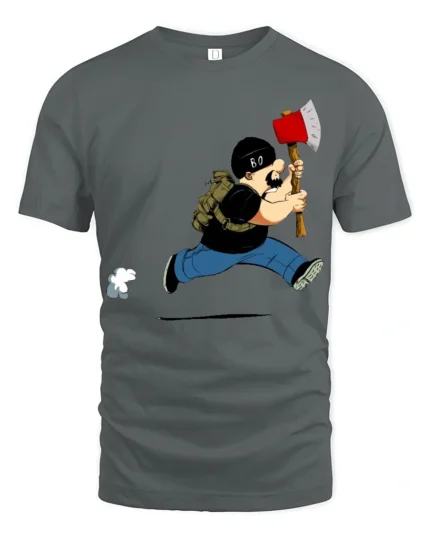 Funny Lumberjack Running With Axe Graphic T Shirt Cartoon Style - gray t-shirt on white background