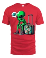 Funny Traveling Alien With Suitcase Graphic T Shirt Space Humor - red t-shirt on white background