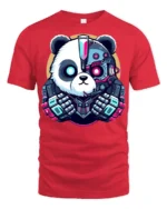 Cyberpunk Panda Robot Graphic T Shirt Futuristic Tech Style - red t-shirt on white background