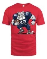 Cool Bulldog Running Football Graphic T Shirt Athletic Cartoon Tee - red t-shirt on white background