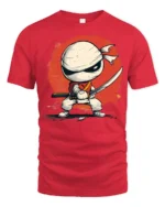 Cartoon Ninja Fighter Graphic T Shirt Cute Warrior Style Design - red t-shirt on white background