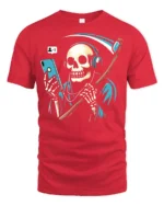 Funny Grim Reaper Phone Addict Graphic T Shirt Dark Humor Style - red t-shirt on white background