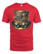 Steampunk Gear Top Hat Graphic T Shirt Vintage Mechanical Style - red t-shirt on white background