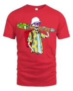 Funny Skeleton Student With Giant Pencil Graphic T Shirt Humor Style - red t-shirt on white background