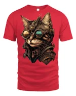 Steampunk Cat With Goggles Graphic T Shirt Vintage Sci Fi Style - red t-shirt on white background