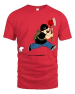 Funny Lumberjack Running With Axe Graphic T Shirt Cartoon Style - red t-shirt on white background