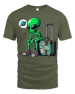 Funny Traveling Alien With Suitcase Graphic T Shirt Space Humor - military green t-shirt on white background