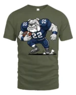 Cool Bulldog Running Football Graphic T Shirt Athletic Cartoon Tee - military green t-shirt on white background