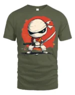 Cartoon Ninja Fighter Graphic T Shirt Cute Warrior Style Design - military green t-shirt on white background