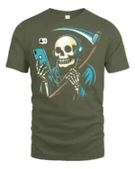 Funny Grim Reaper Phone Addict Graphic T Shirt Dark Humor Style - military green t-shirt on white background