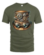 Steampunk Gear Top Hat Graphic T Shirt Vintage Mechanical Style - military green t-shirt on white background