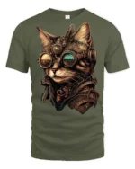 Steampunk Cat With Goggles Graphic T Shirt Vintage Sci Fi Style - military green t-shirt on white background