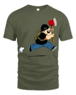 Funny Lumberjack Running With Axe Graphic T Shirt Cartoon Style - military green t-shirt on white background