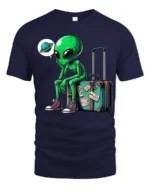 Funny Traveling Alien With Suitcase Graphic T Shirt Space Humor - navy t-shirt on white background