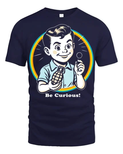 Funny Be Curious Retro Kid Graphic T Shirt Vintage Humor Style - navy t-shirt on white background