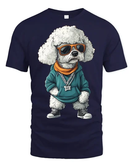Stylish Rapper Poodle Graphic T Shirt Cool Street Vibe Design - navy t-shirt on white background