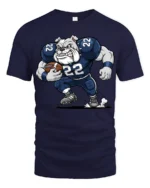 Cool Bulldog Running Football Graphic T Shirt Athletic Cartoon Tee - navy t-shirt on white background