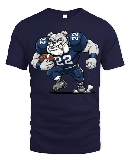 Cool Bulldog Running Football Graphic T Shirt Athletic Cartoon Tee - navy t-shirt on white background