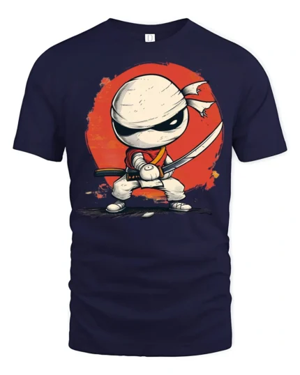 Cartoon Ninja Fighter Graphic T Shirt Cute Warrior Style Design - navy t-shirt on white background