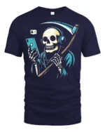 Funny Grim Reaper Phone Addict Graphic T Shirt Dark Humor Style - navy t-shirt on white background