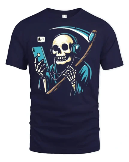 Funny Grim Reaper Phone Addict Graphic T Shirt Dark Humor Style - navy t-shirt on white background
