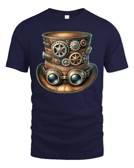 Steampunk Gear Top Hat Graphic T Shirt Vintage Mechanical Style - navy t-shirt on white background