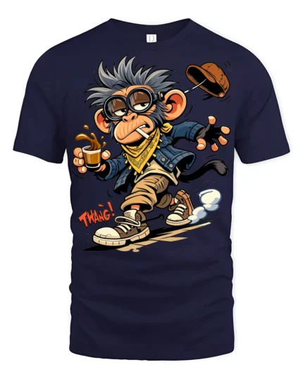Crazy Monkey Skater Coffee Graphic T Shirt Urban Cartoon Vibe - navy t-shirt on white background