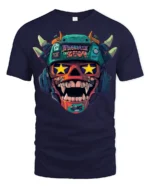 Crazy Monster Skull Headphones Graphic T Shirt Street Art Style - navy t-shirt on white background