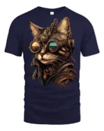 Steampunk Cat With Goggles Graphic T Shirt Vintage Sci Fi Style - navy t-shirt on white background