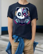 Cyberpunk Panda Robot Graphic T Shirt Futuristic Tech Style - model wearing navy tee with hands in pockets