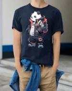 Cool Streetwear Panda Graphic T Shirt Urban Fashion Style - model wearing navy tee with hands in pockets