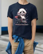 Cute Samurai Panda Graphic T Shirt Japanese Style Warrior Design - model wearing navy tee with hands in pockets