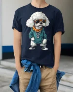 Stylish Rapper Poodle Graphic T Shirt Cool Street Vibe Design - model wearing navy tee with hands in pockets