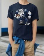 Cool Bulldog Running Football Graphic T Shirt Athletic Cartoon Tee - model wearing navy tee with hands in pockets