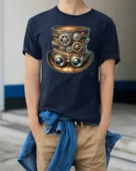 Steampunk Gear Top Hat Graphic T Shirt Vintage Mechanical Style - model wearing navy tee with hands in pockets