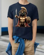 Cute Spartan Pug Warrior Graphic T Shirt Funny Ancient Hero Style - model wearing navy tee with hands in pockets