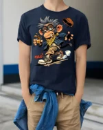 Crazy Monkey Skater Coffee Graphic T Shirt Urban Cartoon Vibe - model wearing navy tee with hands in pockets