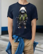 Cool Tactical Panda Graphic T Shirt Streetwear Ninja Style - model wearing navy tee with hands in pockets