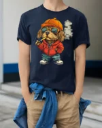 Hip Hop Dog With Sunglasses Graphic T Shirt Urban Funny Style - model wearing navy tee with hands in pockets