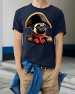Cute Pug Emperor Portrait Graphic T Shirt Funny Historic Vibe - model wearing navy tee with hands in pockets