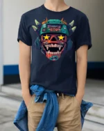 Crazy Monster Skull Headphones Graphic T Shirt Street Art Style - model wearing navy tee with hands in pockets
