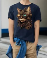Steampunk Cat With Goggles Graphic T Shirt Vintage Sci Fi Style - model wearing navy tee with hands in pockets
