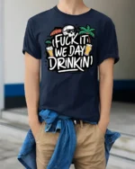 Crazy Drinking Quote Skull Graphic T Shirt Party Vibes - model wearing navy tee with hands in pockets